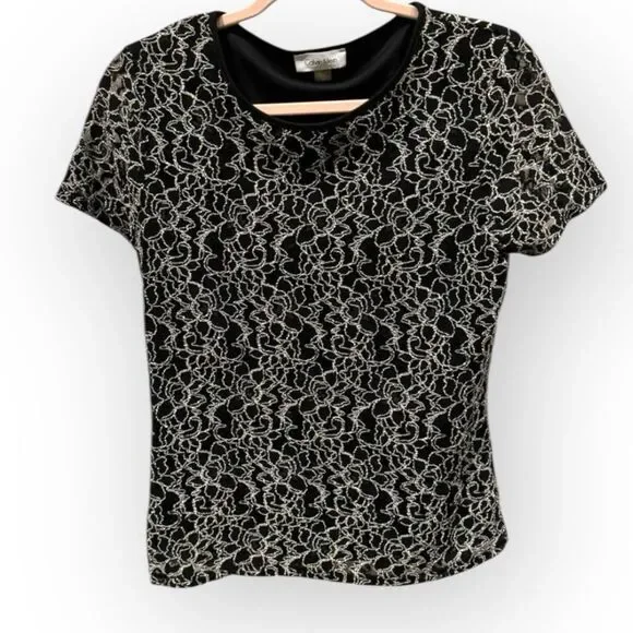 Calvin Klein Black Top with White Floral Embroidery - Size Medium - Picture 1 of 4